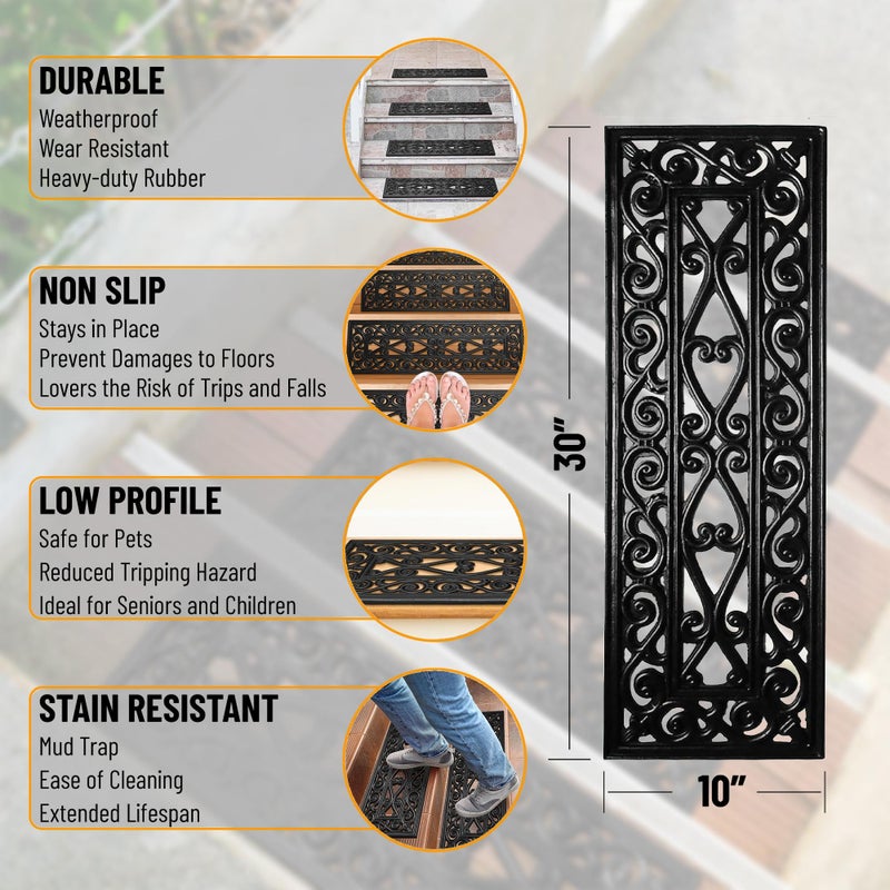 Ottomanson Indoor/Outdoor Hose-Wash Iron Wrought Design Non-Slip Rubber 10" x 30" Modern Stair Treads for Stairs, Garage, Patio, 5 Pack, Black Wrought - Image 3